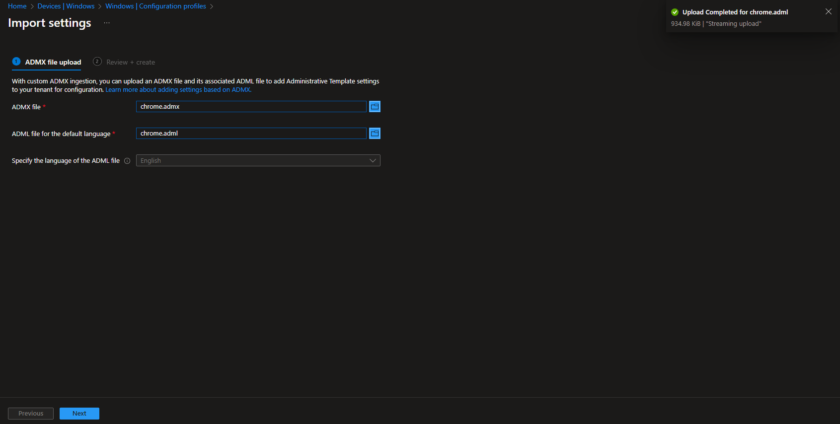 Uploading Windows ADMX and ADML in Intune